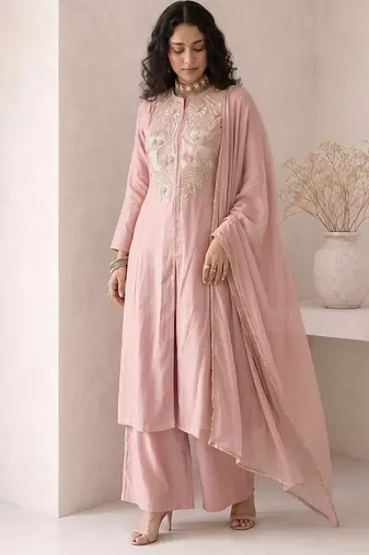 soft rose pink embroidered roman silk free size stitched a-line kurta set