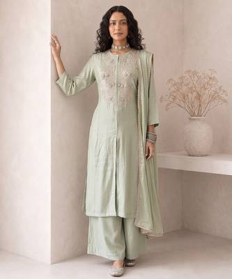 sage green embroidered roman silk free size stitched a-line kurta set 1