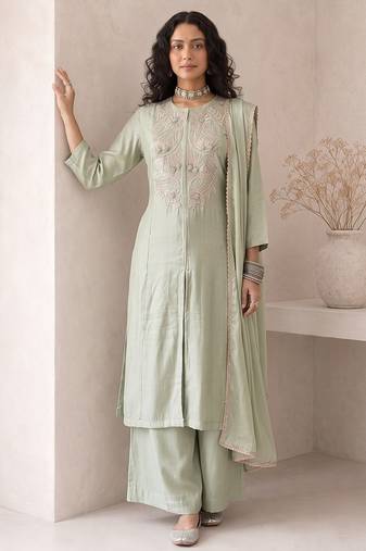 sage green embroidered roman silk free size stitched a-line kurta set