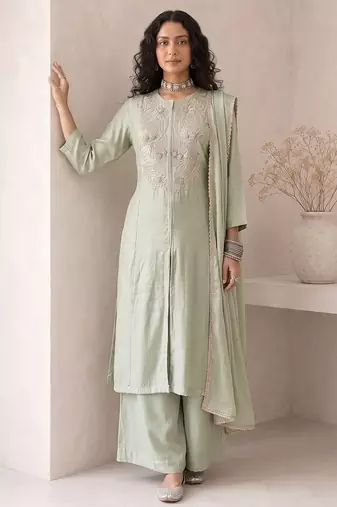 sage green embroidered roman silk free size stitched a-line kurta set