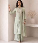 sage green embroidered roman silk free size stitched a-line kurta set
