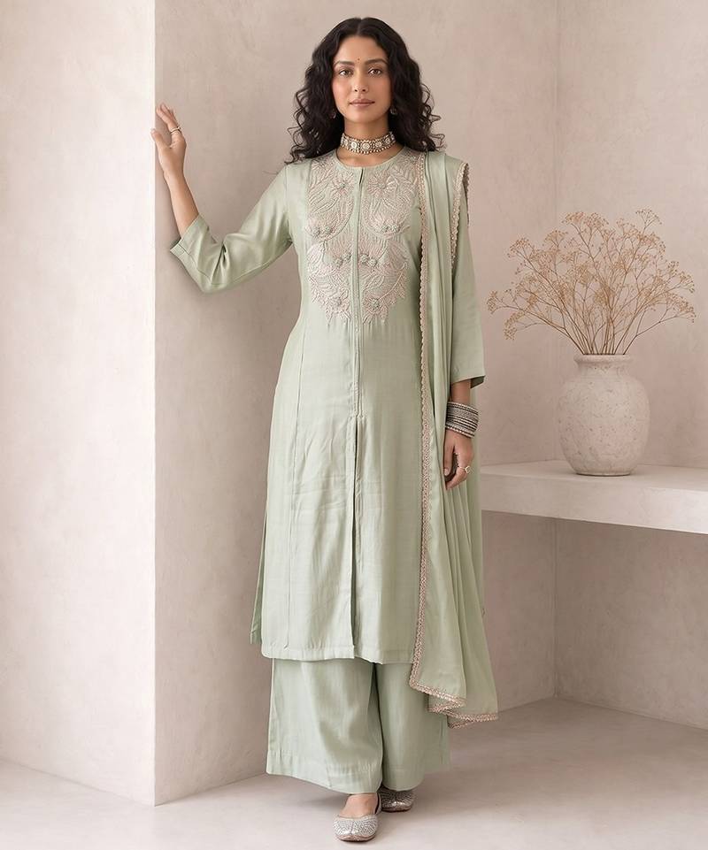 sage green embroidered roman silk free size stitched a-line kurta set