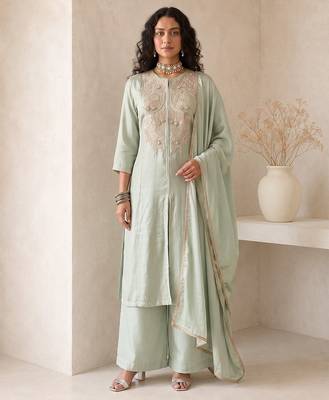 sage green embroidered roman silk free size stitched a-line kurta set 2