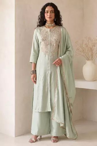 sage green embroidered roman silk free size stitched a-line kurta set