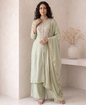 sage green embroidered roman silk free size stitched a-line kurta set 3