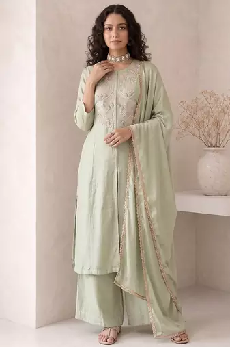 sage green embroidered roman silk free size stitched a-line kurta set