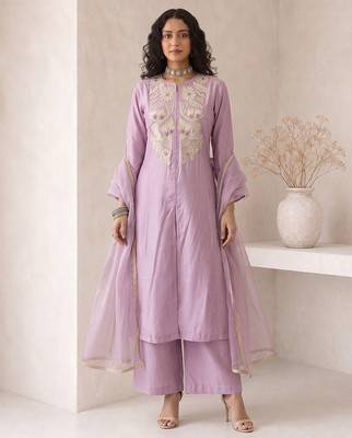 lavender embroidered roman silk free size stitched a-line kurta set 1