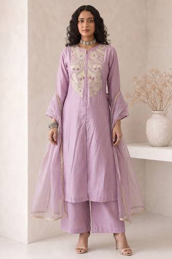 lavender embroidered roman silk free size stitched a-line kurta set
