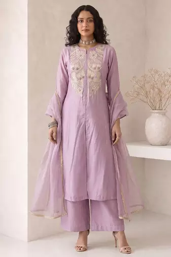 lavender embroidered roman silk free size stitched a-line kurta set