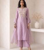 lavender embroidered roman silk free size stitched a-line kurta set