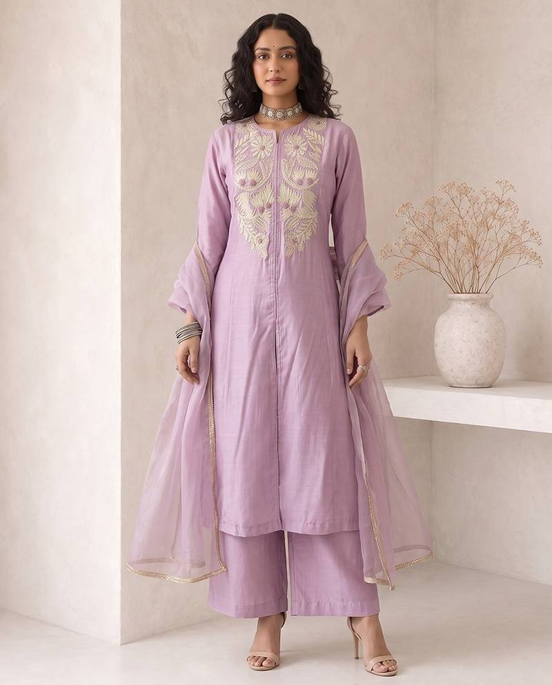 lavender embroidered roman silk free size stitched a-line kurta set
