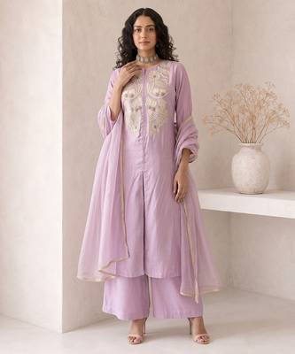 lavender embroidered roman silk free size stitched a-line kurta set 2