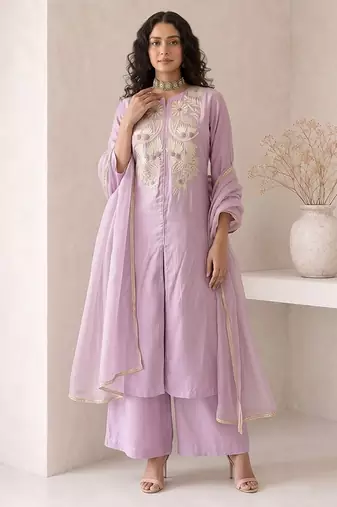 lavender embroidered roman silk free size stitched a-line kurta set