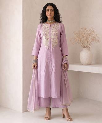 lavender embroidered roman silk free size stitched a-line kurta set 3