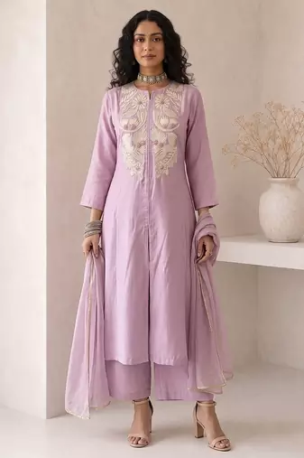 lavender embroidered roman silk free size stitched a-line kurta set