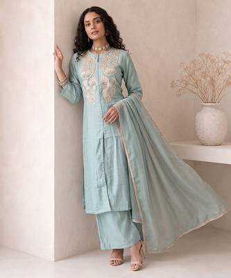 dusty ice blue embroidered roman silk free size stitched a-line kurta set 1