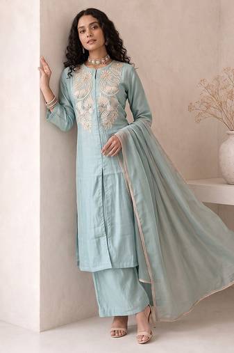 dusty ice blue embroidered roman silk free size stitched a-line kurta set