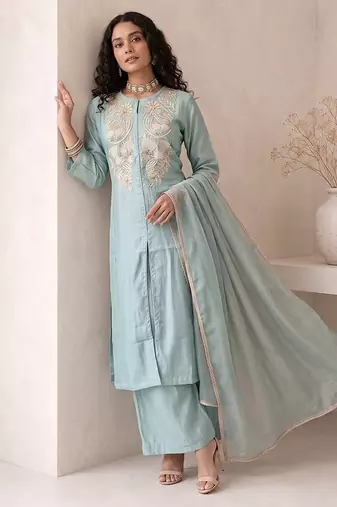 dusty ice blue embroidered roman silk free size stitched a-line kurta set