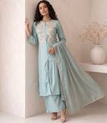 dusty ice blue embroidered roman silk free size stitched a-line kurta set