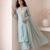 dusty ice blue embroidered roman silk free size stitched a-line kurta set