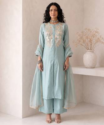 dusty ice blue embroidered roman silk free size stitched a-line kurta set 2