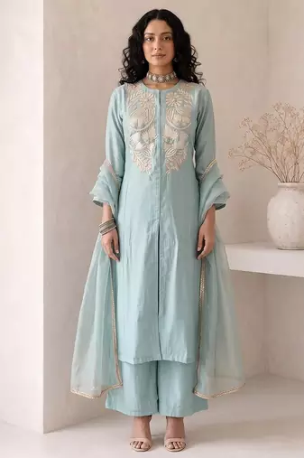dusty ice blue embroidered roman silk free size stitched a-line kurta set