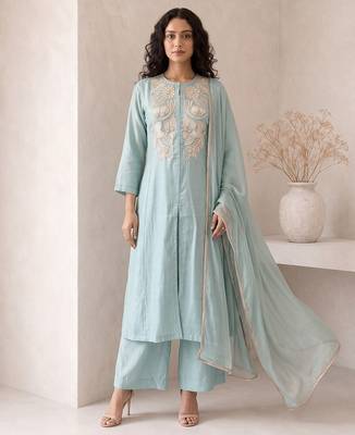 dusty ice blue embroidered roman silk free size stitched a-line kurta set 3