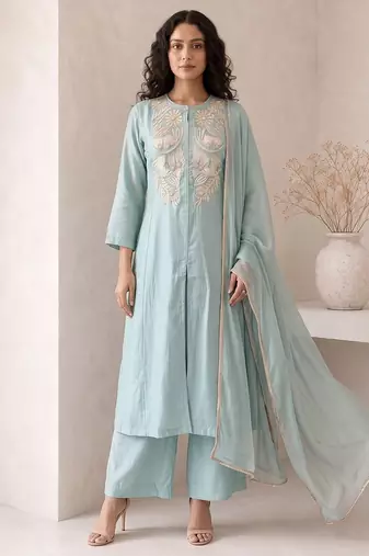 dusty ice blue embroidered roman silk free size stitched a-line kurta set
