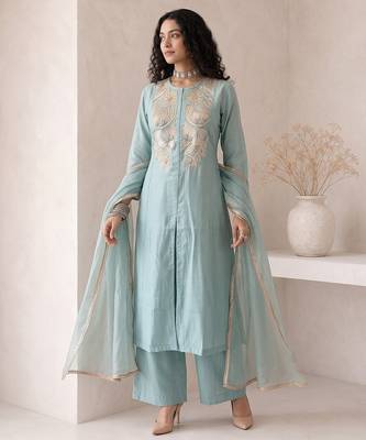 dusty ice blue embroidered roman silk free size stitched a-line kurta set 4