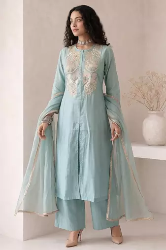 dusty ice blue embroidered roman silk free size stitched a-line kurta set