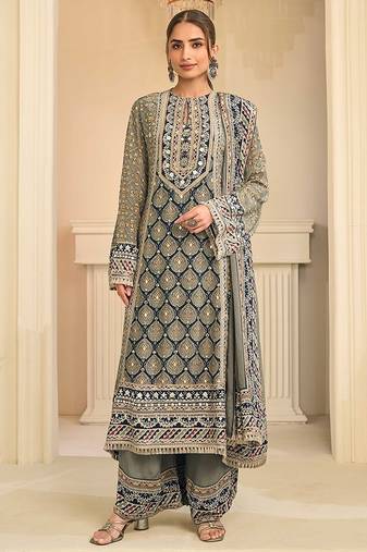 olive grey printed creap silk free size stitched straight-cut kurti suit