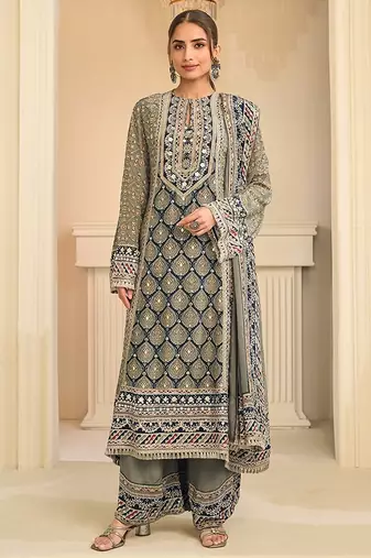 olive grey printed creap silk free size stitched straight-cut kurti suit