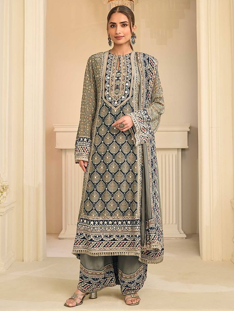 olive grey printed creap silk free size stitched straight-cut kurti suit