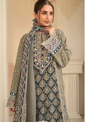 olive grey printed creap silk free size stitched straight-cut kurti suit 2