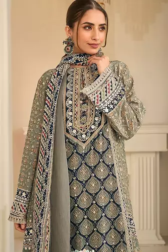 olive grey printed creap silk free size stitched straight-cut kurti suit