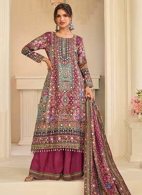 magenta printed creap silk free size stitched straight-cut kurti suit 1