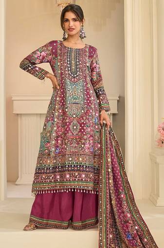 magenta printed creap silk free size stitched straight-cut kurti suit