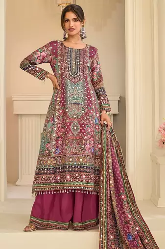 magenta printed creap silk free size stitched straight-cut kurti suit