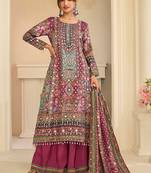 magenta printed creap silk free size stitched straight-cut kurti suit