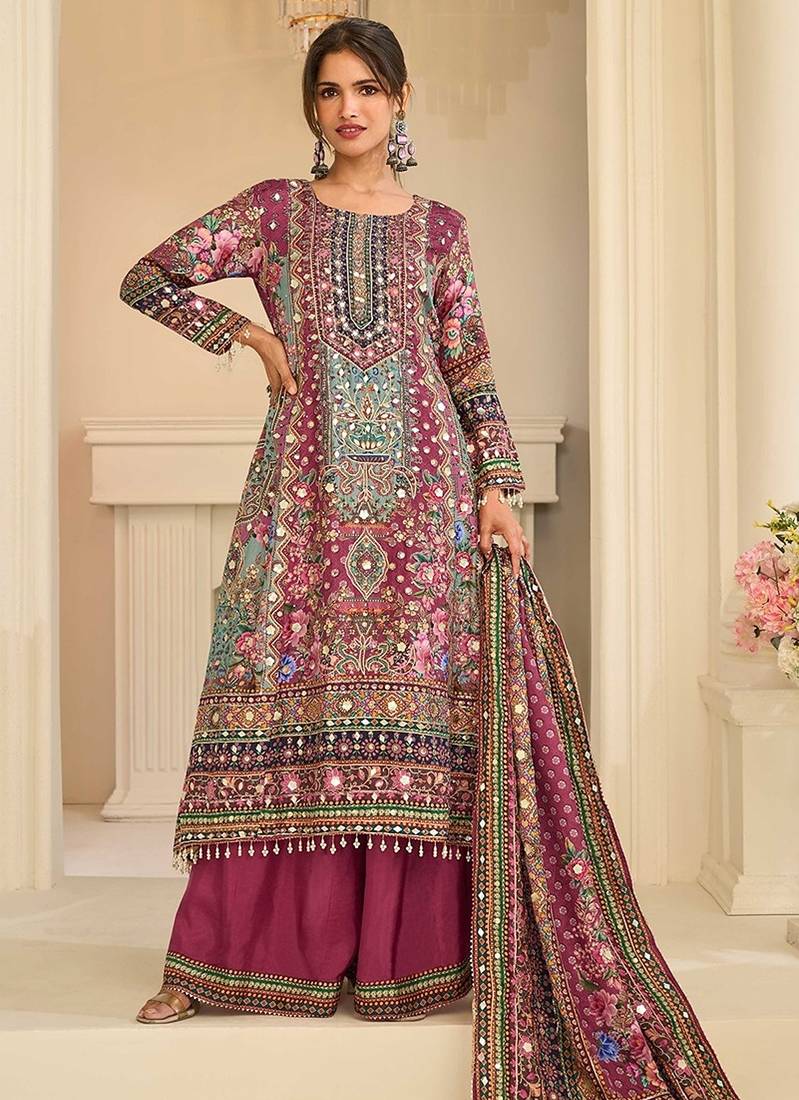 magenta printed creap silk free size stitched straight-cut kurti suit