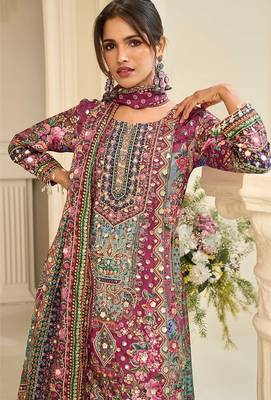 magenta printed creap silk free size stitched straight-cut kurti suit 2