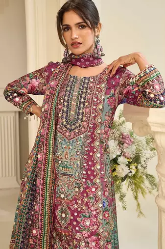 magenta printed creap silk free size stitched straight-cut kurti suit