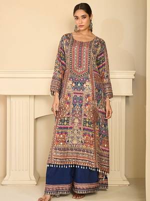 beige printed creap silk free size stitched straight-cut kurti suit 1