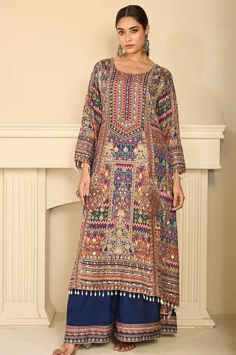 beige printed creap silk free size stitched straight-cut kurti suit