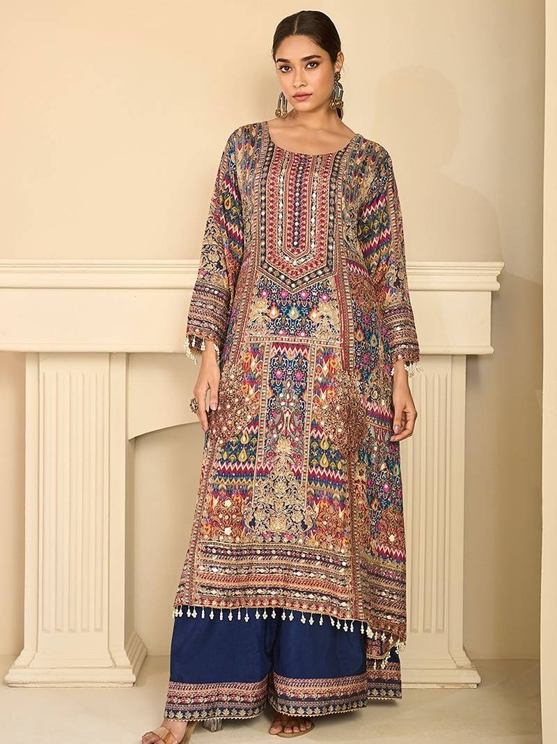 beige printed creap silk free size stitched straight-cut kurti suit
