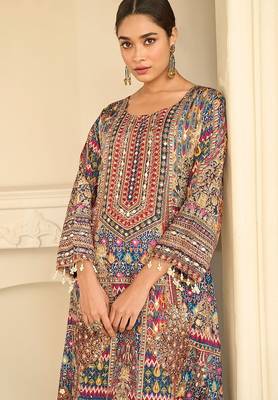 beige printed creap silk free size stitched straight-cut kurti suit 2