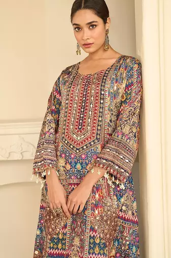 beige printed creap silk free size stitched straight-cut kurti suit