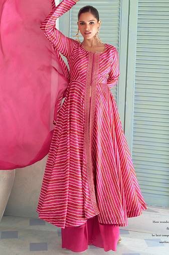 deep magenta pink embroidered chinnon free size stitched flared anarkali-style kurta gown suit