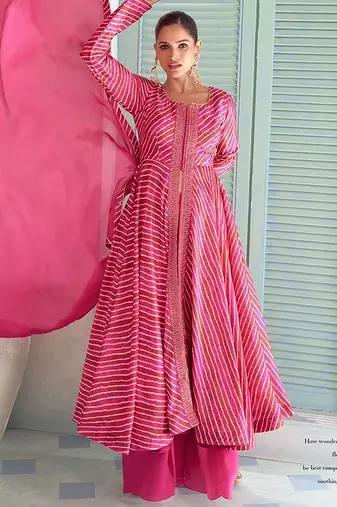 deep magenta pink embroidered chinnon free size stitched flared anarkali-style kurta gown suit