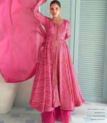 deep magenta pink embroidered chinnon free size stitched flared anarkali-style kurta gown suit